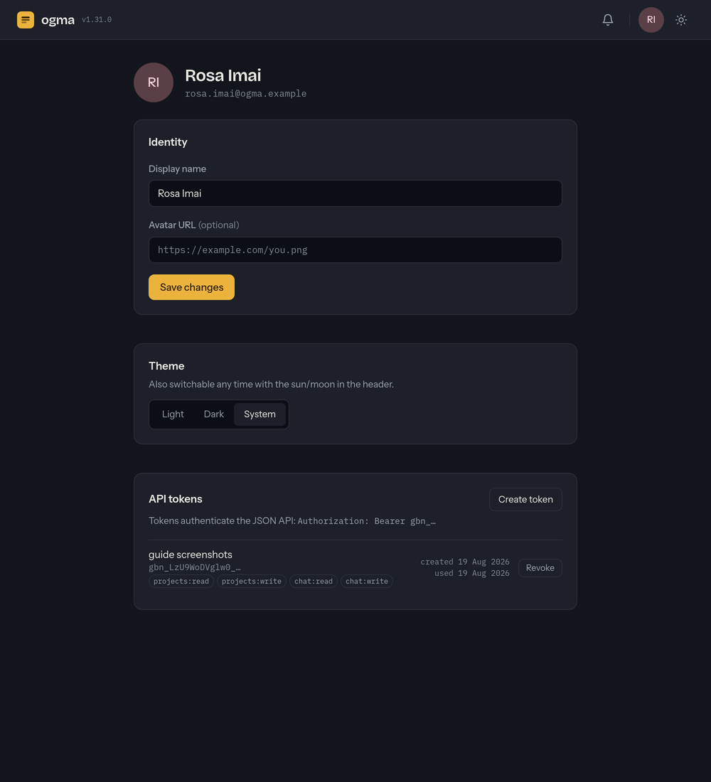 The account page: an Identity card with display name and avatar URL fields, a Theme card offering Light, Dark and System, and an API tokens card listing tokens with their scopes and Revoke buttons.