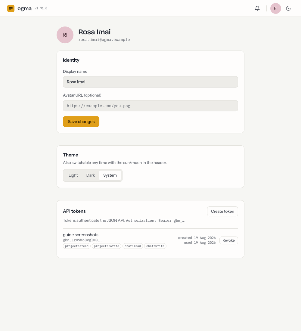 The account page: an Identity card with display name and avatar URL fields, a Theme card offering Light, Dark and System, and an API tokens card listing tokens with their scopes and Revoke buttons.