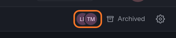 The right-hand end of the board header. Two overlapping circular avatars, ringed for emphasis, sit beside the Archived link and the settings gear.