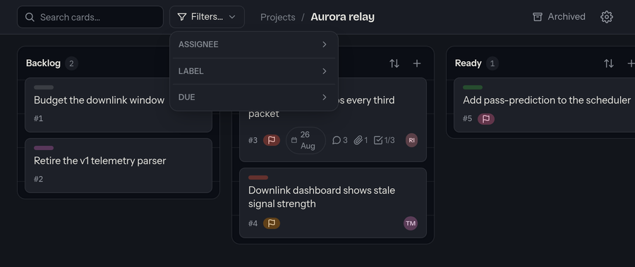The board toolbar: a search box, a Filters button with its menu open showing Assignee, Label and Due sections, and the project name.