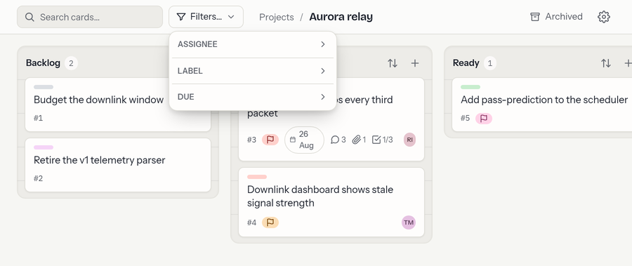 The board toolbar: a search box, a Filters button with its menu open showing Assignee, Label and Due sections, and the project name.