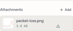 The Attachments section with one file, packet-loss.png, showing a thumbnail of the chart, the filename, its size, and a download button.