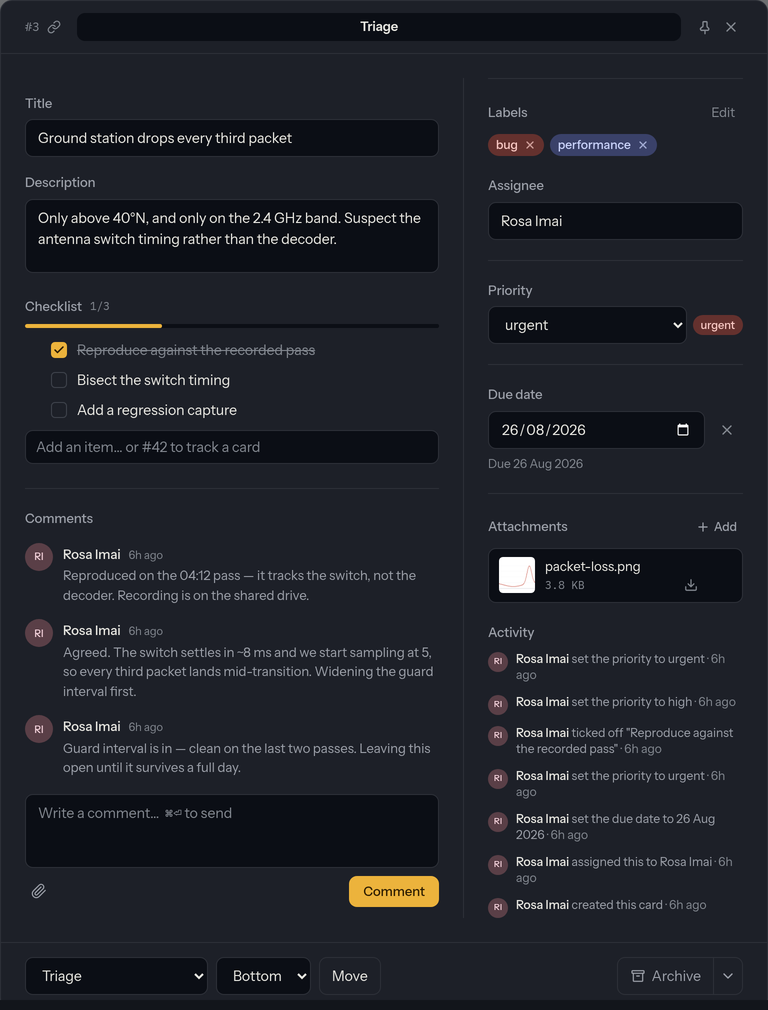 The card details dialog. The main column holds the title, description, checklist and comment thread; a right rail holds labels, assignee, priority, due date, attachments and activity; a footer holds move, archive and delete.