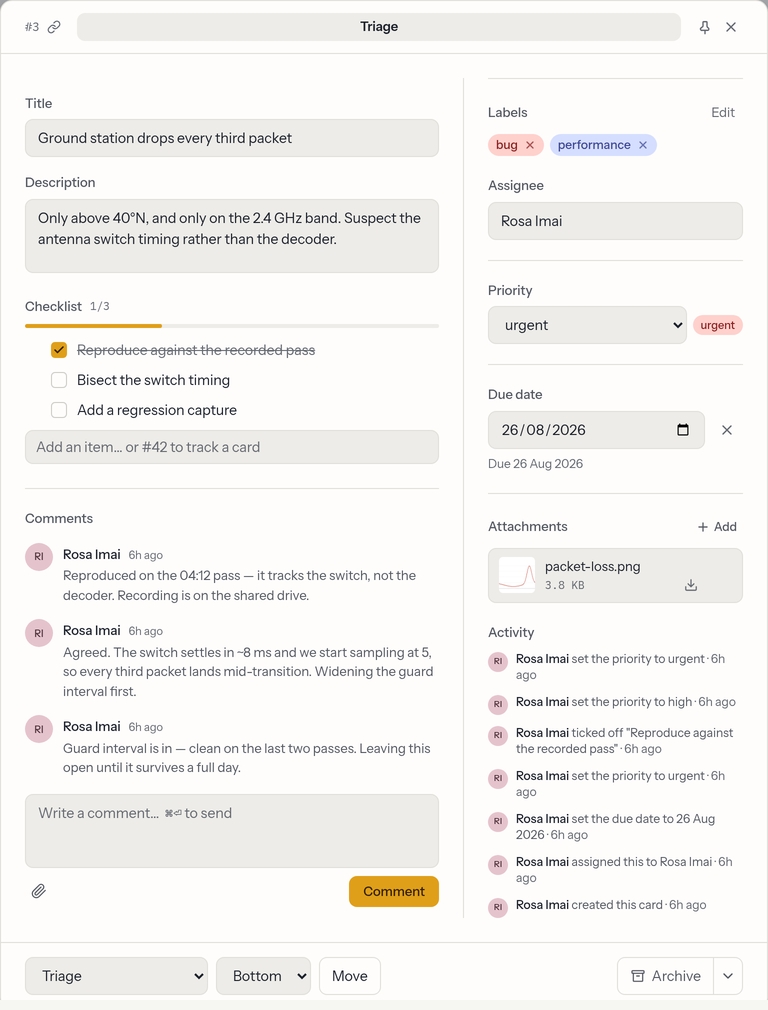 The card details dialog. The main column holds the title, description, checklist and comment thread; a right rail holds labels, assignee, priority, due date, attachments and activity; a footer holds move, archive and delete.