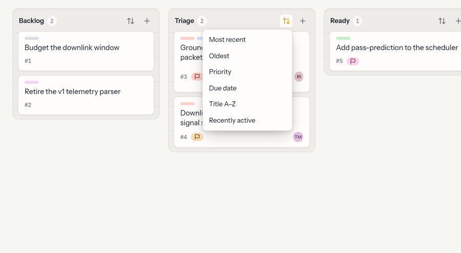 A column header's sort menu open, listing Most recent, Oldest, Priority, Due date, Title A-Z and Recently active.