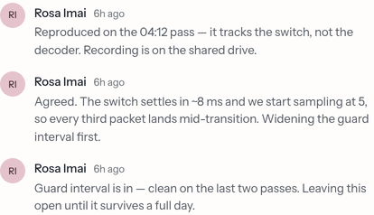 A comment thread: three comments from Rosa Imai with her initials, relative timestamps, and rendered Markdown.