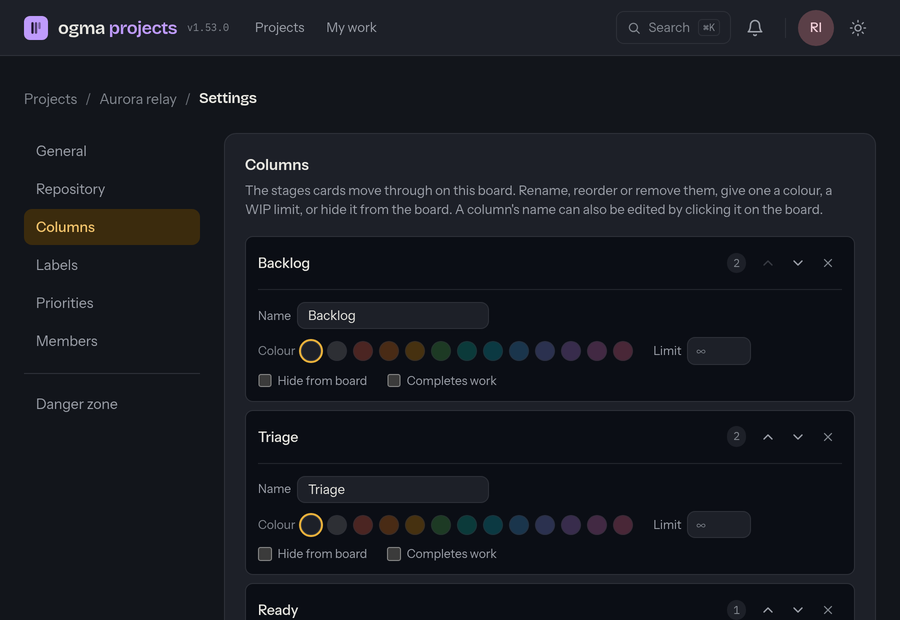 Settings, Columns section. Each column has a name field, a colour swatch row, a card limit, checkboxes for hiding it from the board and counting it as complete, and arrows to move it up or down.
