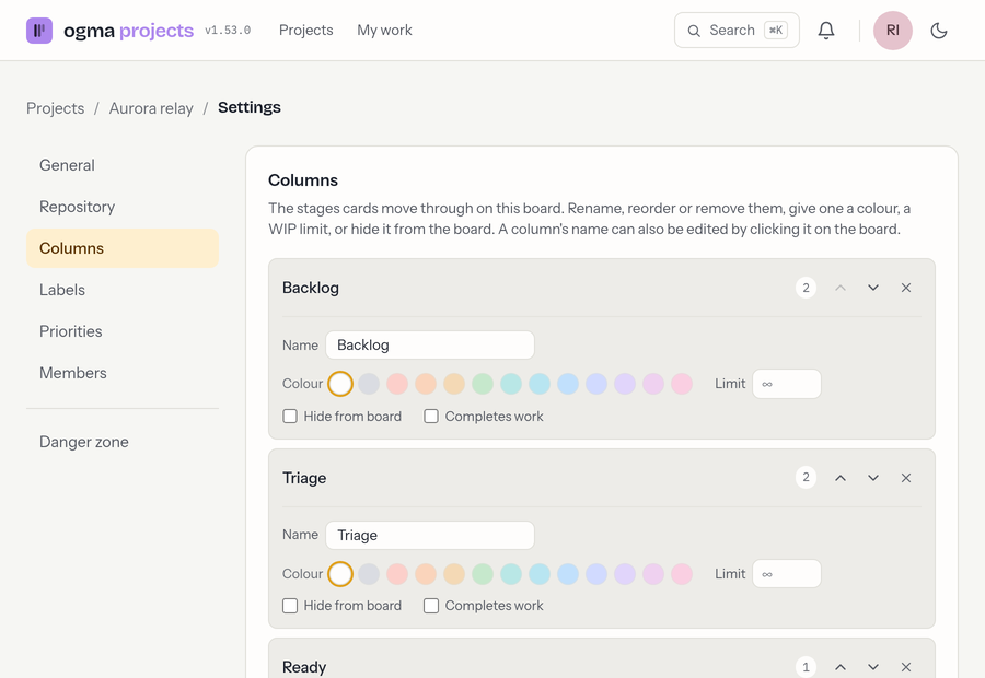 Settings, Columns section. Each column has a name field, a colour swatch row, a card limit, checkboxes for hiding it from the board and counting it as complete, and arrows to move it up or down.